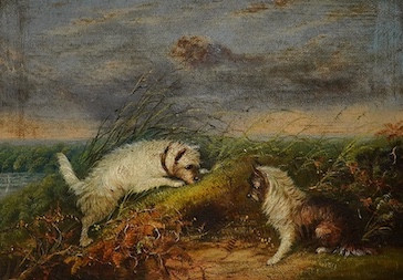 J. Langlois (British 1855-1904), pair of oils on canvas, Terriers ratting, signed, 24 x 34cm, ornately framed. Condition - fair